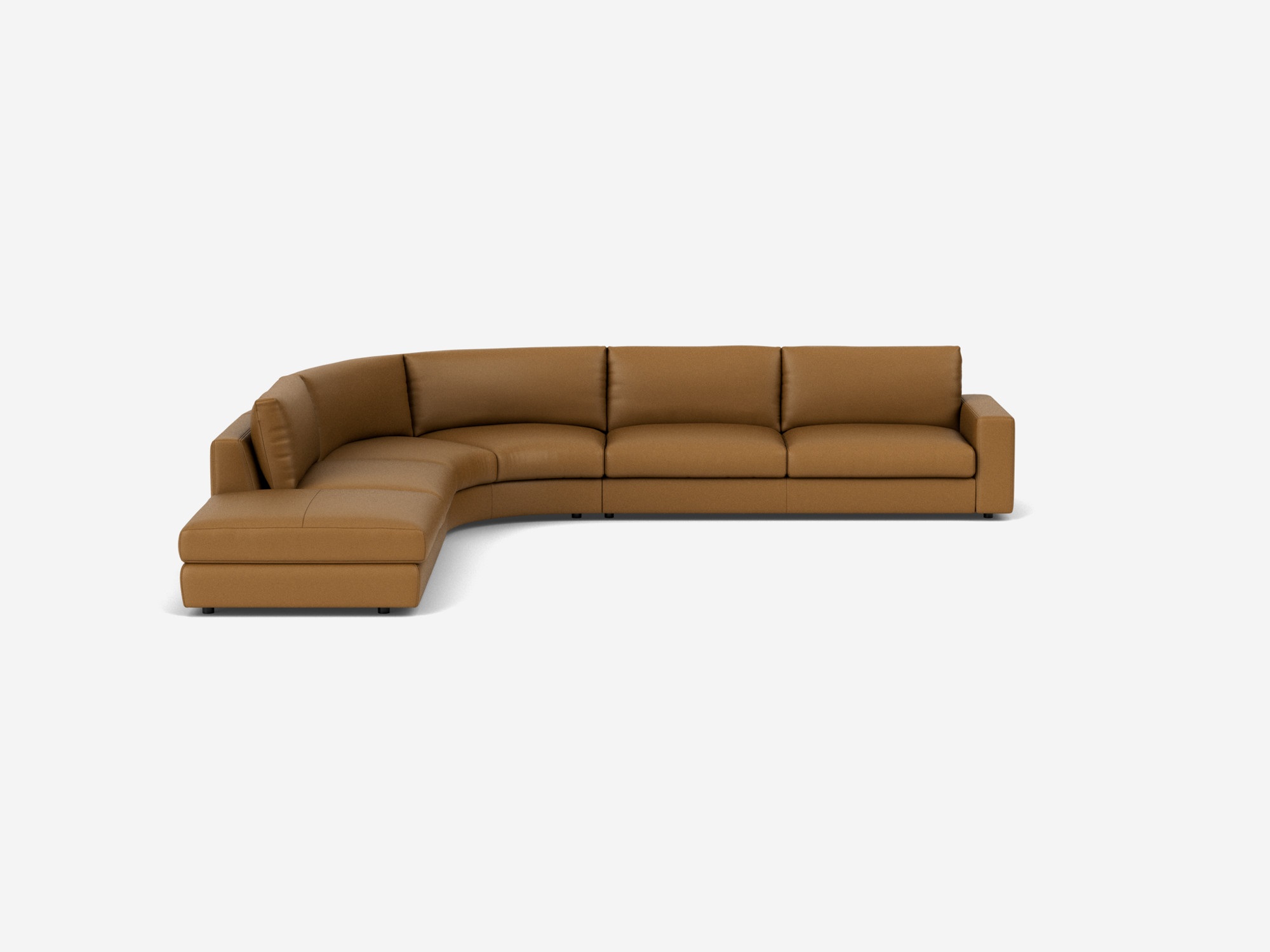 Front view of left hand facing brown leather curved sectional sofa